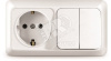 Блок выключатель двуклавишный + розетка с заземлением Олимп горизонтальный белый (О0033)