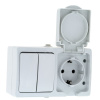 Блок-розетка Венеция-выключатель 2-клавишный 16А с заземлением с крышкой IP54 белый с защитной шторк